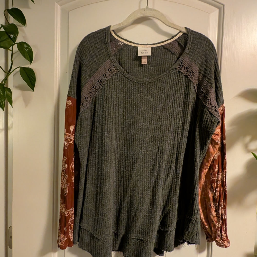 Knox Rose Charcoal Knit Top with Lace Trim